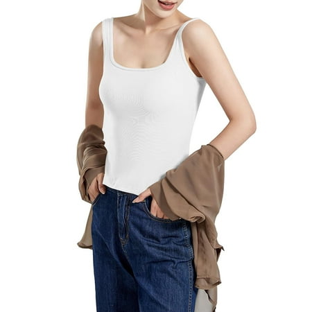 Prolriy Tank Tops for Women  Women s Solid Color Vest with Chest Cushion Top Bra Slim Fit Underwear U Neck Backless Base Shirt Threaded Inner Vest Womens Tops Summer Tops for Women Trendy White M