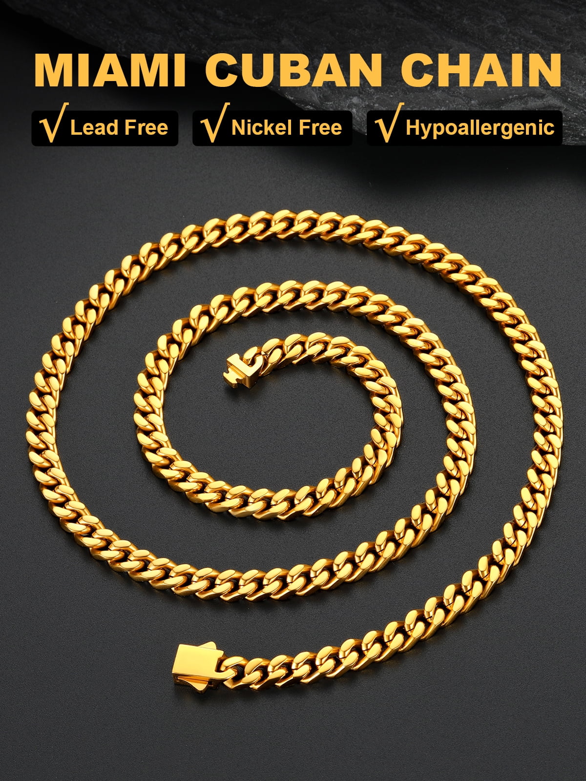 U7 Miami Cuban Link Chain for Mens 5mm 20inch 14K Gold Plated Curb Cuban Necklace Stainless Steel Jewlery Gift