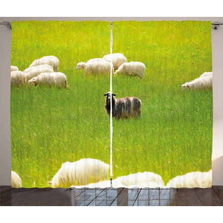 Nature Curtains 2 Panels Set, Black Sheep between White Goats on Grass Field Meadow Animal Farm Landscape, Window Drapes for Living Room Bedroom, 108W X 90L Inches, Fern Green Cream, by
