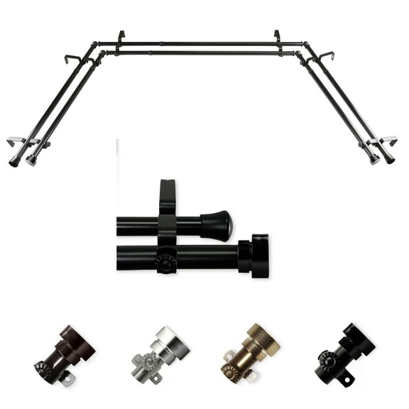 Rene 13/16" Double Bay Window curtain rod Adjustable 20"-36", 38"-72" - Black,(ABay-37-2D)