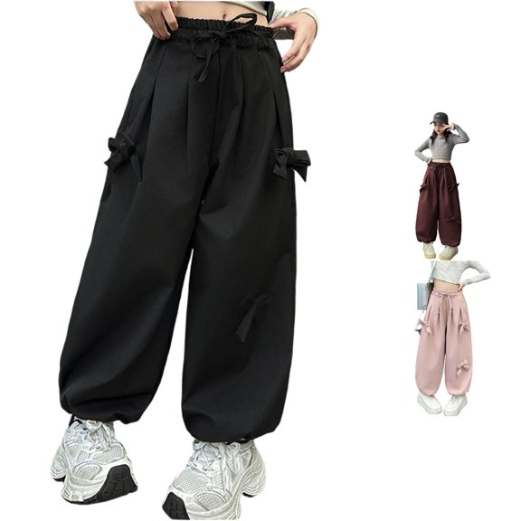 Little Girls Cargo Pants Elastic Waist Bow Tie Harem Pants Wide Leg Streetwear Hip Hop Dance Jogger Trousers Size 5-6T ,Black