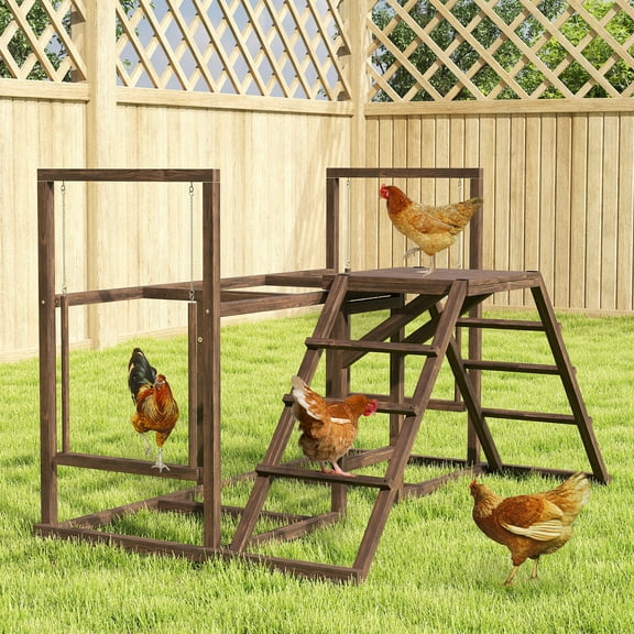 PawHut Wooden Chicken Activity Play Set, Chicken Coop Accessory with Multiple Chicken Perches, Swing, Ladder, Platform for 3-4 Chickens, Coffee