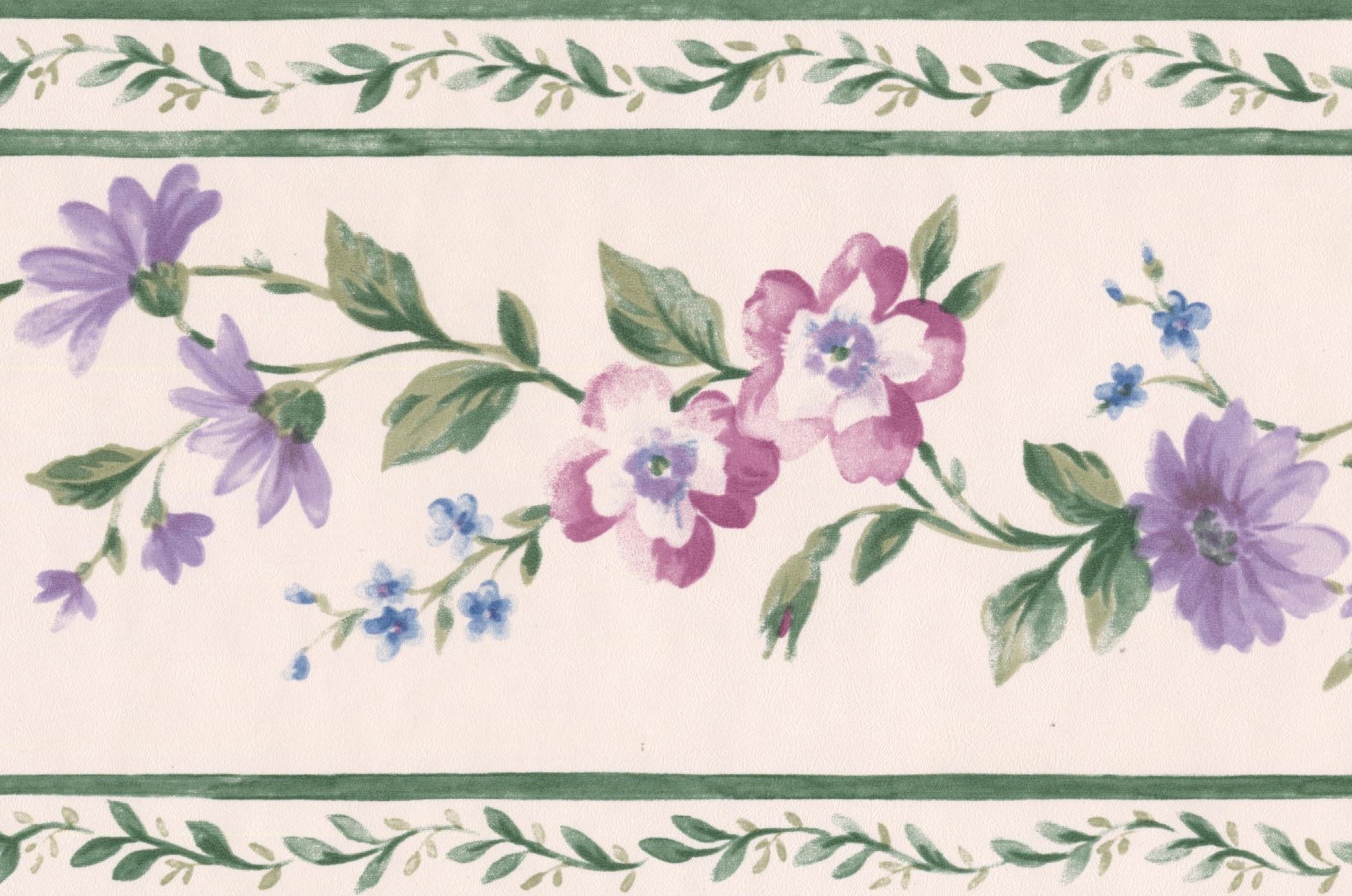 Wallpaper Border Purple Pink Flowers on Vine Damask Ivory Wall Border