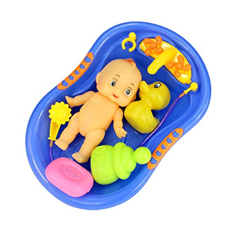 Blue Plastic Bathtub with Baby Doll Bath Toy Set