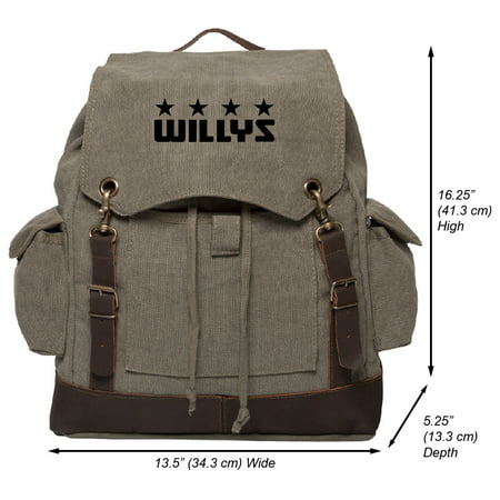 Willys Jeep Freedom Stars Vintage Canvas Rucksack Backpack with Leather (Best Size Backpack For Backpacking Europe)