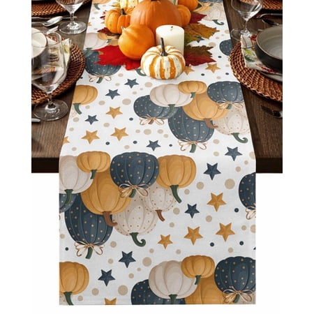Fall Table Runner Thanksgiving Polka Dots Pumpkin Table Runners Star Autumn Harvest Cotton Linen Dresser Scarf Kitchen Dining Table Decor for Fall Holiday Party Decor 13x90 Inch