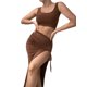 thumbnail image 3 of VISgogo Traje de falda corta para mujer Color sólido Sin mangas Cuello en U Crop Tank Tops + Falda con abertura lateral fruncida VISgogo moda, 3 of 9