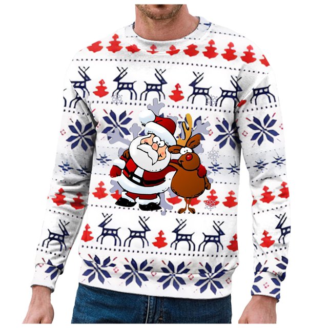 Chandail à Capuche Sans Capuche pour Hommes Hiver Chaud Col Rond Chandail Imprimé Flocon de Neige Père Noël Décontracté Confortable Doux