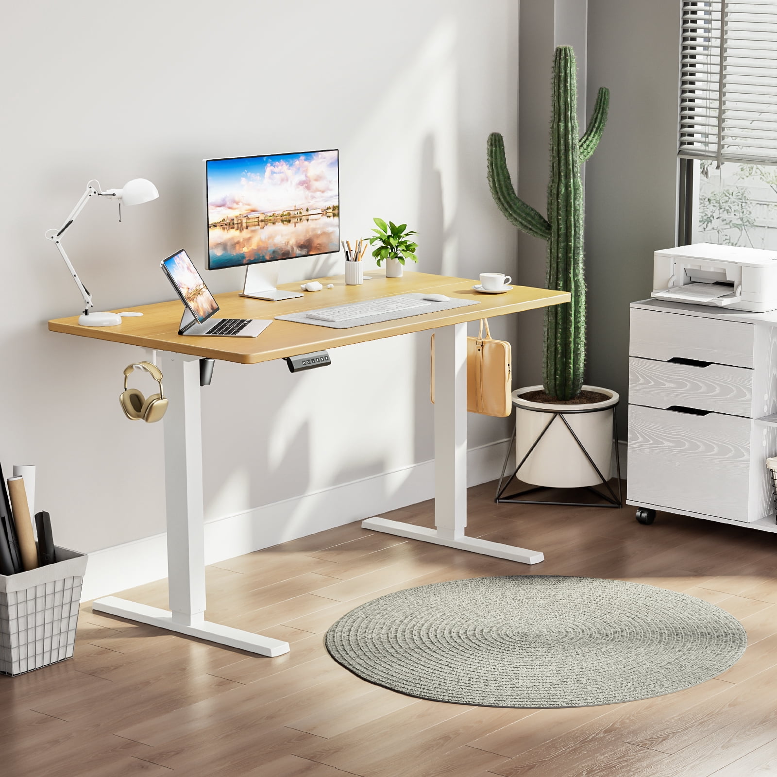 CONCETTA Electric Adjustable Height Standing Desk - 40 x 24 inch Sit to Stand Up Desk with Splice Board, Rising Home Office Computer Table with 2 Hook and Wire Hole for Work