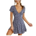 thumbnail image 1 of Pompotops Robe Mini pour Femmes à Imprimé Floral, Manches Courtes, Aguichant, Col en V, Cocktail, Fête, Plage, 1 of 8