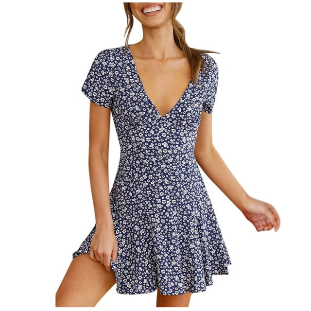Pompotops Robe Mini pour Femmes à Imprimé Floral, Manches Courtes, Aguichant, Col en V, Cocktail, Fête, Plage