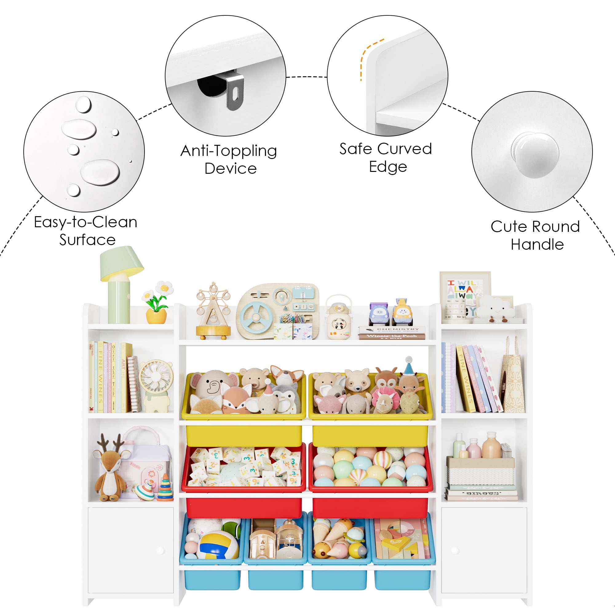 Homfa Kids Toy Storage Organizer Bookcase with 8 Bins, Storage Organizer Bookshelf with 2 Door for Children Playroom Organization, White/Red/Blue/Yellow