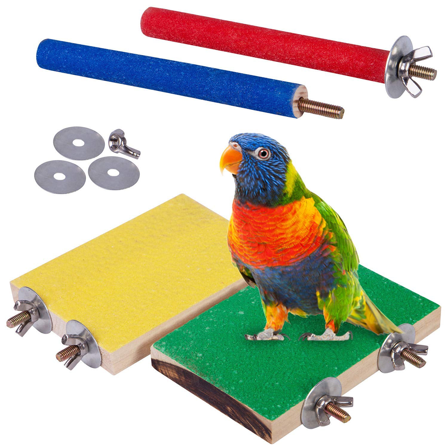 Wood Parrot Stand Platform Colorful Sand Paw Grinding Stick Cage Accessories Exercise Toys for Cockatiel Conure Budgies Parakeet 3Pcs Bird Perchs Bird Stand Toy and 1Pcs Bird Rope Perches 