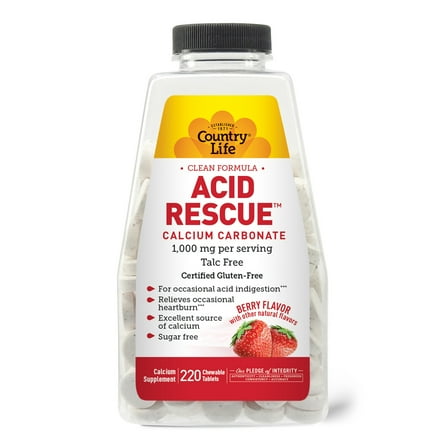 Country Life Acid Rescue, Calcium Carbonate, Berry, 220 Chewable Tablets