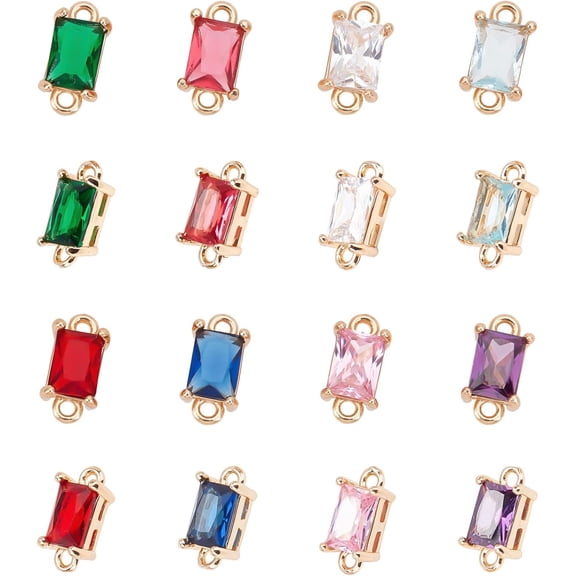 16 Pcs 8 Colors Glass Links Connectors Rectangle Crystal Glass Connectors Rhinestone Faceted Pendants with Brass Findings for Jewellery Crafting DIY