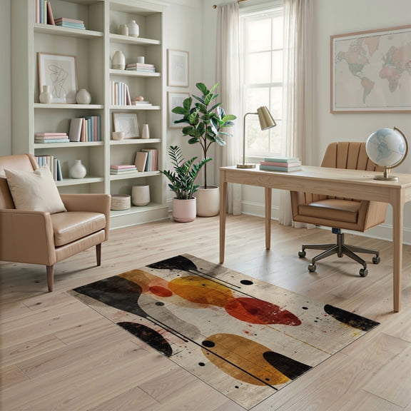 ODIKA 4'x6' Washable Area Rug Black Brown Accent Throw Design Dynamic Inkblot Splatter with Crisp Edges for Home Office, Under Desk, Non-Slip Chair-Friendly, Flatwoven