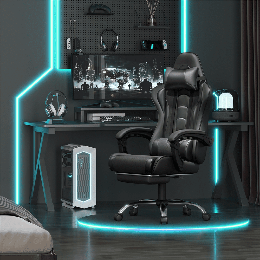 Alden Design Ergonomic High Back Gaming Chair with Massage Lumbar Pillow and Padded Armrests, Full Black