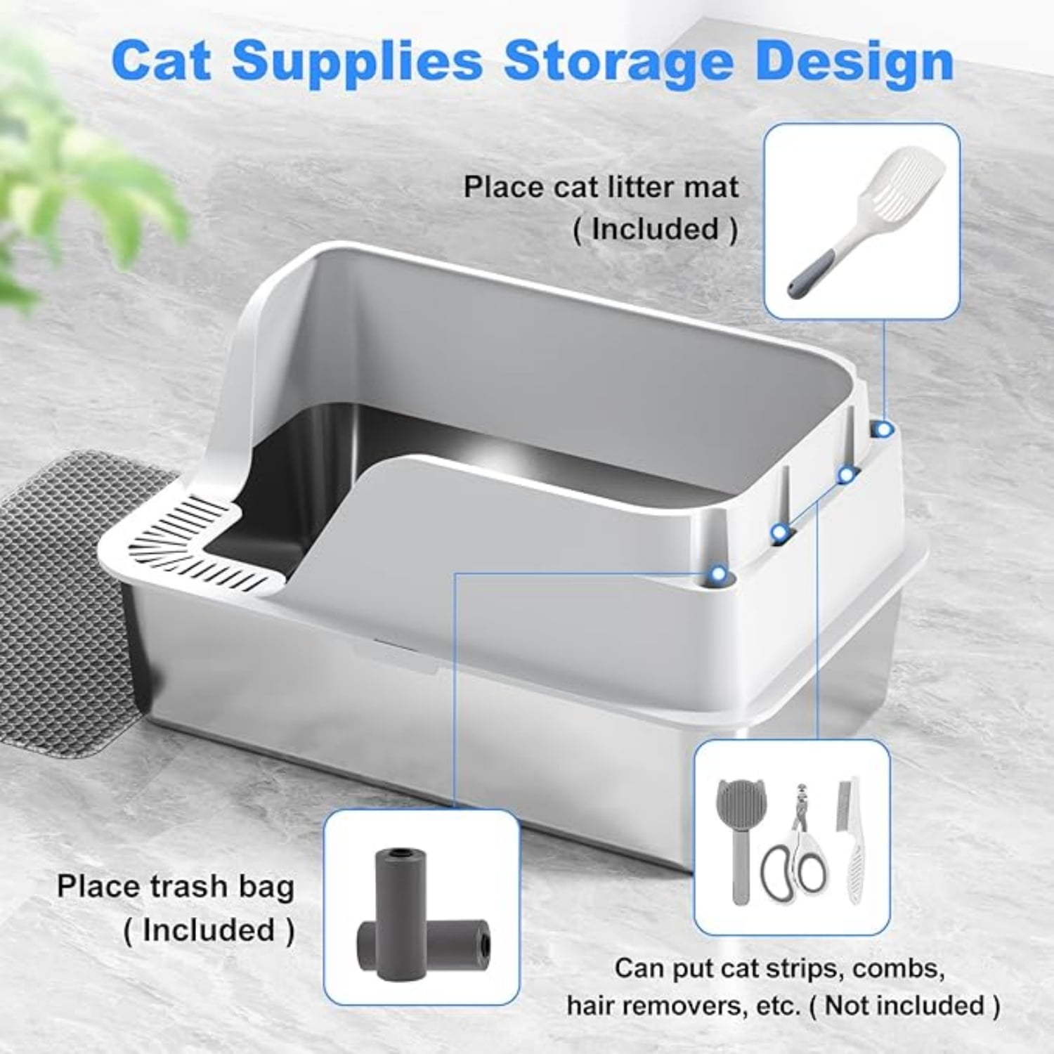 Non-Stick Stainless Steel Litter Box, XL Side Opening Splash-Proof & Leak-Proof Seamless Seal, Large Capacity, Cat Litter Box with Lid for Multi-Cats, Easy-Clean & Durable (White)
