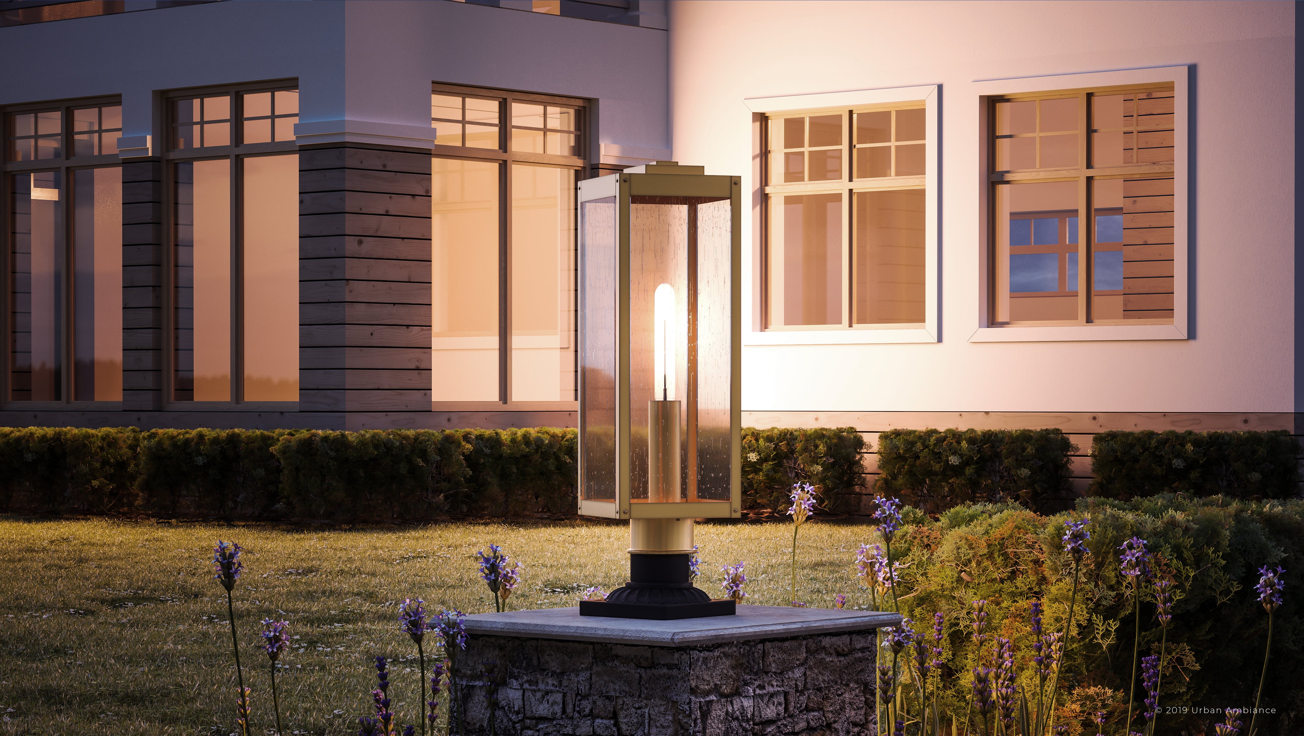 Luxury Modern Farmhouse Outdoor Post Light, 20.50''H x 7.00''W, with Industrial Style Elements, Minimalist Design, Antique Brass Finish and Clear Seedy Glass, UQL1343