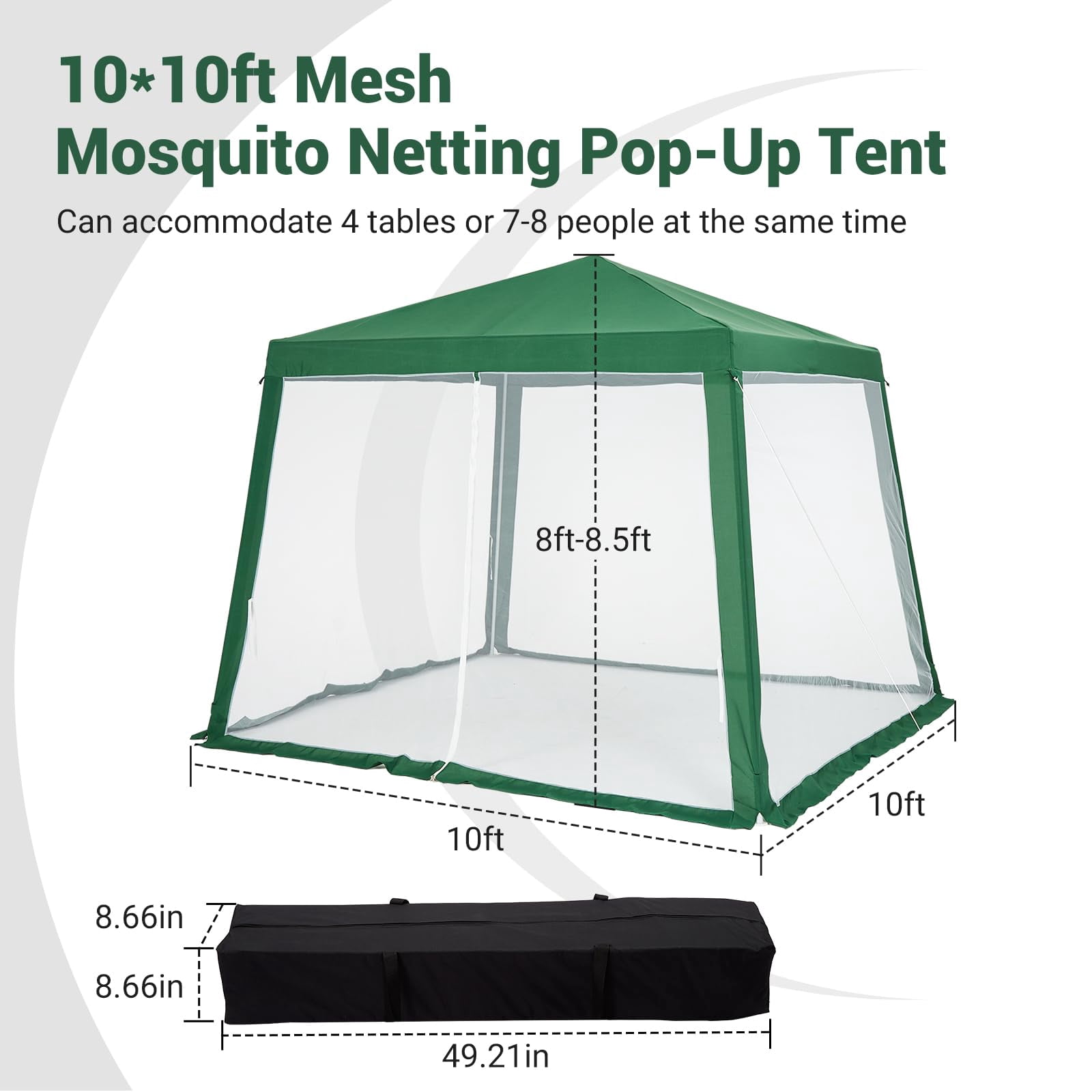 10x10ft Pop-Up Canopy Tent, Outdoor Waterproof Screen Room with Mesh Netting, Portable Gazebo Shelter for Camping, Patio, Picnic, Party, Deck, Backyard Events, Green