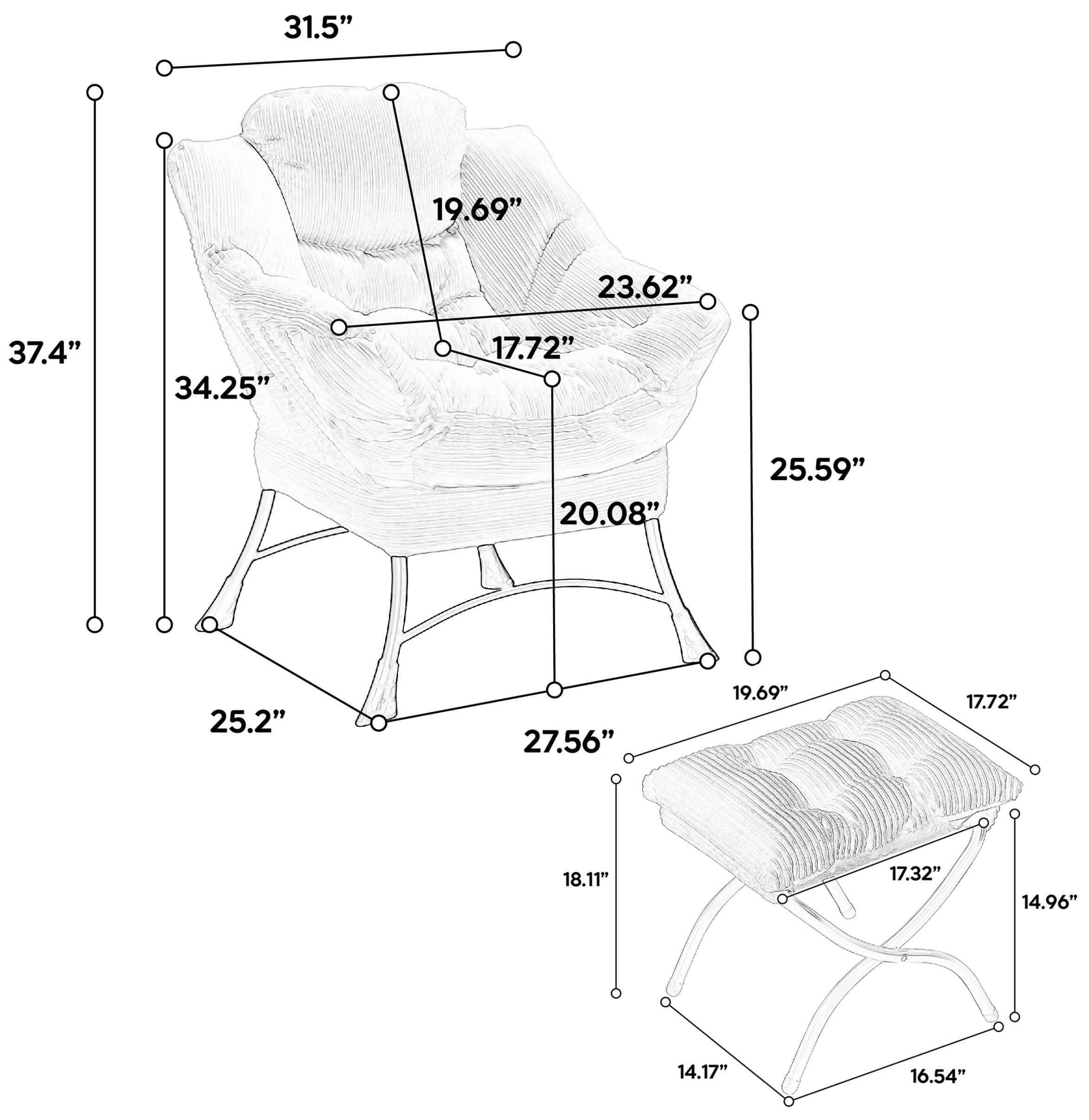 Aukfa Lounge Accent Chair with Ottoman, Lazy Chair Armchair Upholstered Sofa Chair,White‘
