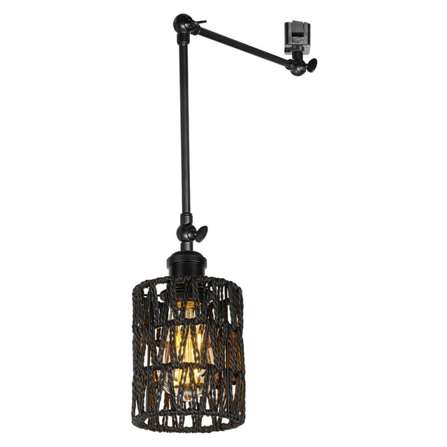 FSLiving Gimbaled LED Track Light, Adjustable Light Poles J Type Track Lighting Modern Black Twine Natural Rattan, E26 Socket Track Mount for Dinning Table Top Sloped Ceiling