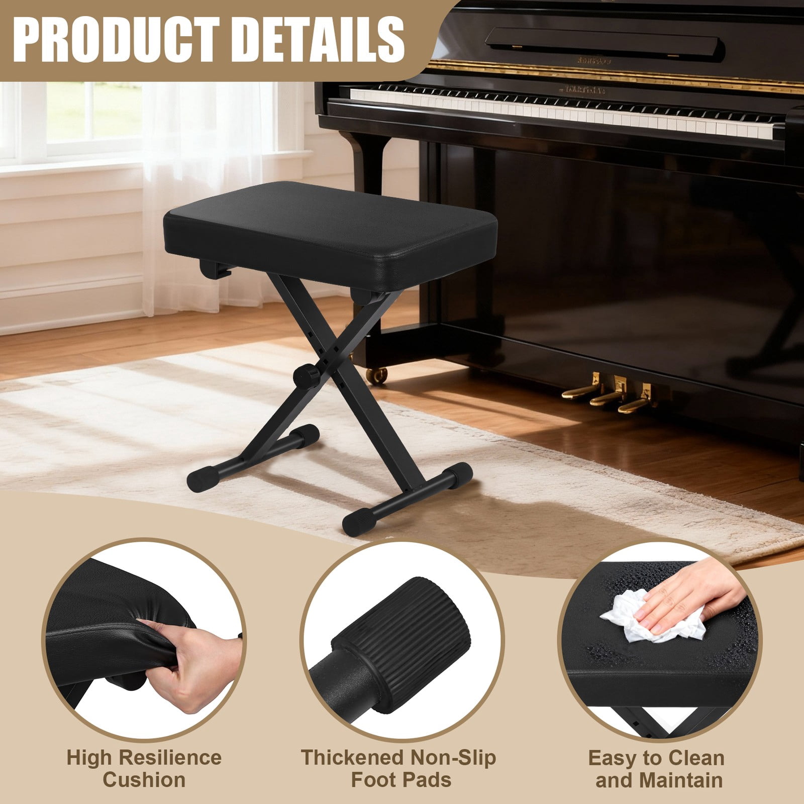 Adjustable Piano Bench, Waterproof Synthetic Leather Padded Stool, X-Style Piano Stool with Thicken Soft Cushion, Keyboard Bench for Keyboards Piano Guitar,Black