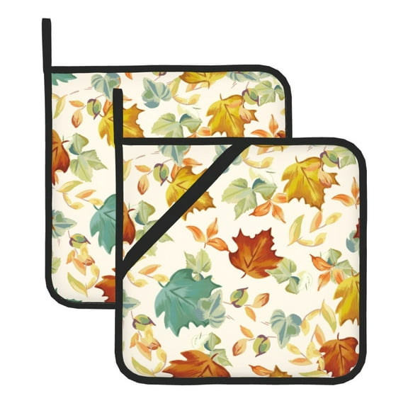 Kitchen Pot Holders Heat Resistant Oven Hot Pads With Hand Pockets And Hanging Loops For Baking Cooking 2 Pack 8'' X 8'' Fall Pattern Maple Leaves
