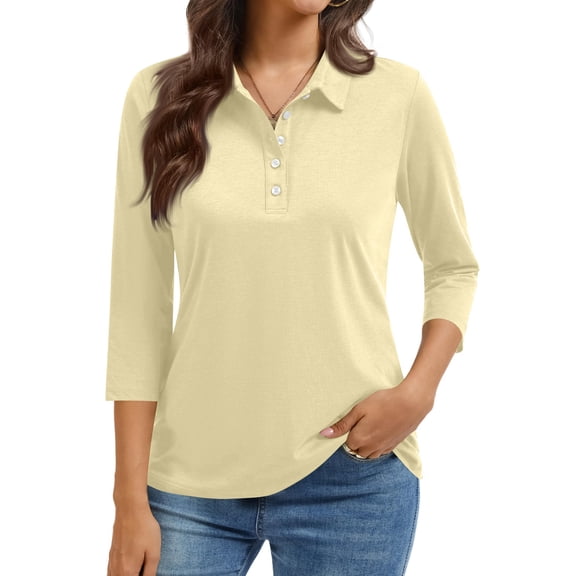 Womens Three Quarter Sleeve Polo Shirt Button Down Collar Casual Loose Fit Lightweight Top for Daily Wear Beige L