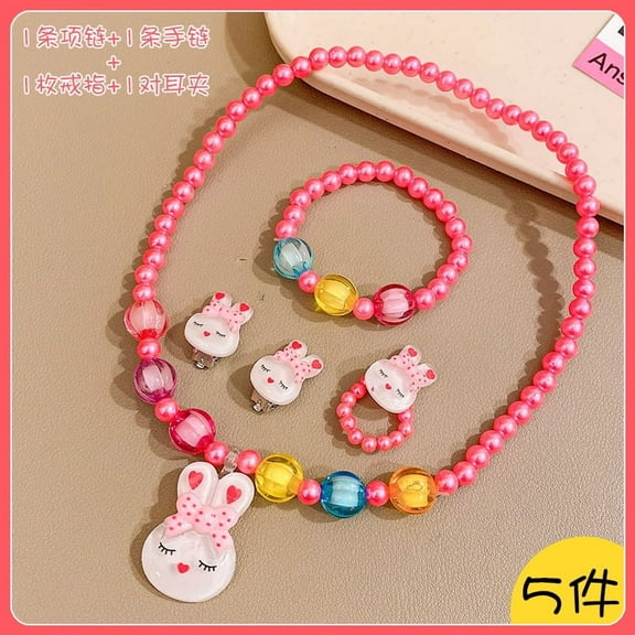 Girls Jewelry Set - Toddler Dress up 5 Piece Pretend Plasy Toy Jewelry Box Set with Bead Necklace, Bracelet Ring and Hair Clips - Play Accessories - Ages 3 Girl Birthday Gifts