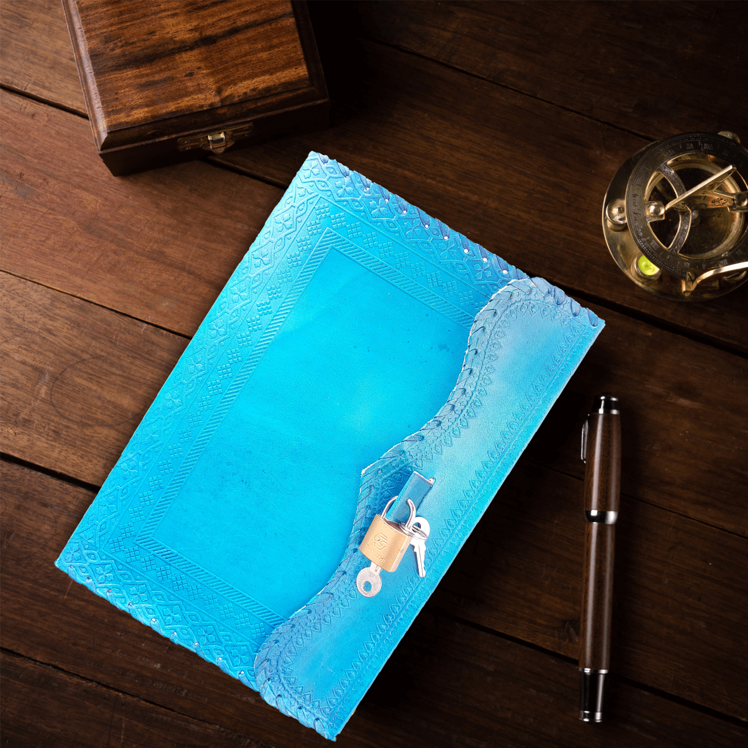 Jaald 10" Leather Journal Blank Notebook Handmade Travel Diary with Lock Writing Bullet Journal Christmas Gift Turquoise Sketchbook for Artists