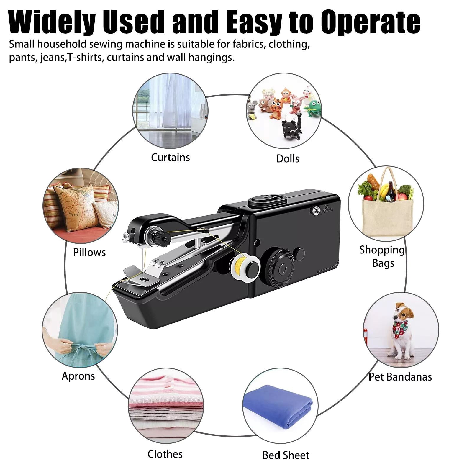 GUYUTING Black Sewing Machine Portable Metal & Plastic Dual Speed Fabrics up to 1.8mm Complete Kit Thread Pins Scissors USB