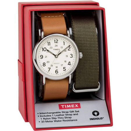 Timex Men's Weekender 40 Watch Gift Set, Tan Leather & Olive Nylon Slip-Thru Straps