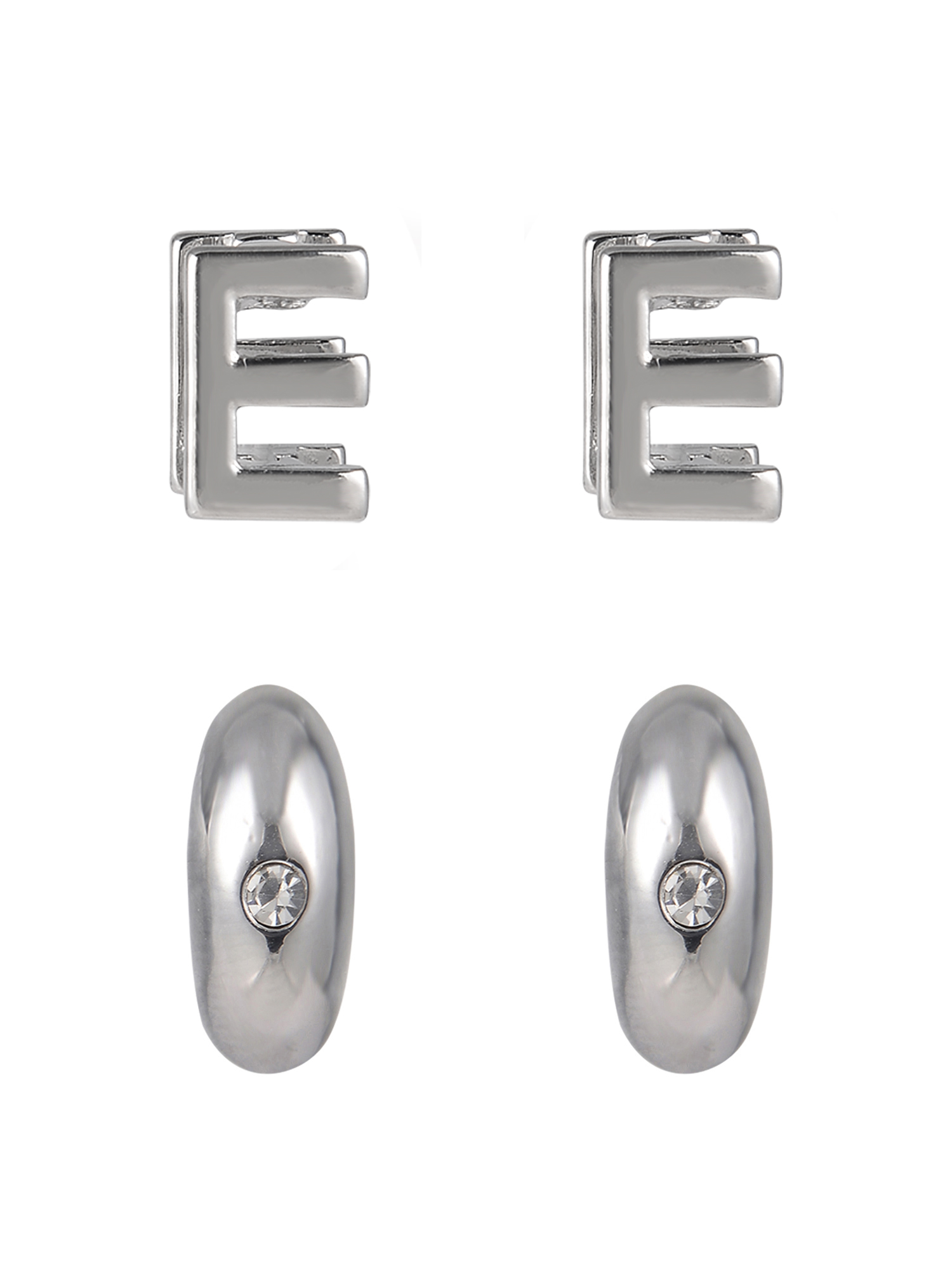 Time and Tru Silvertone 3-On Crystal Stud, Hoop, Initial "E" Earring Set