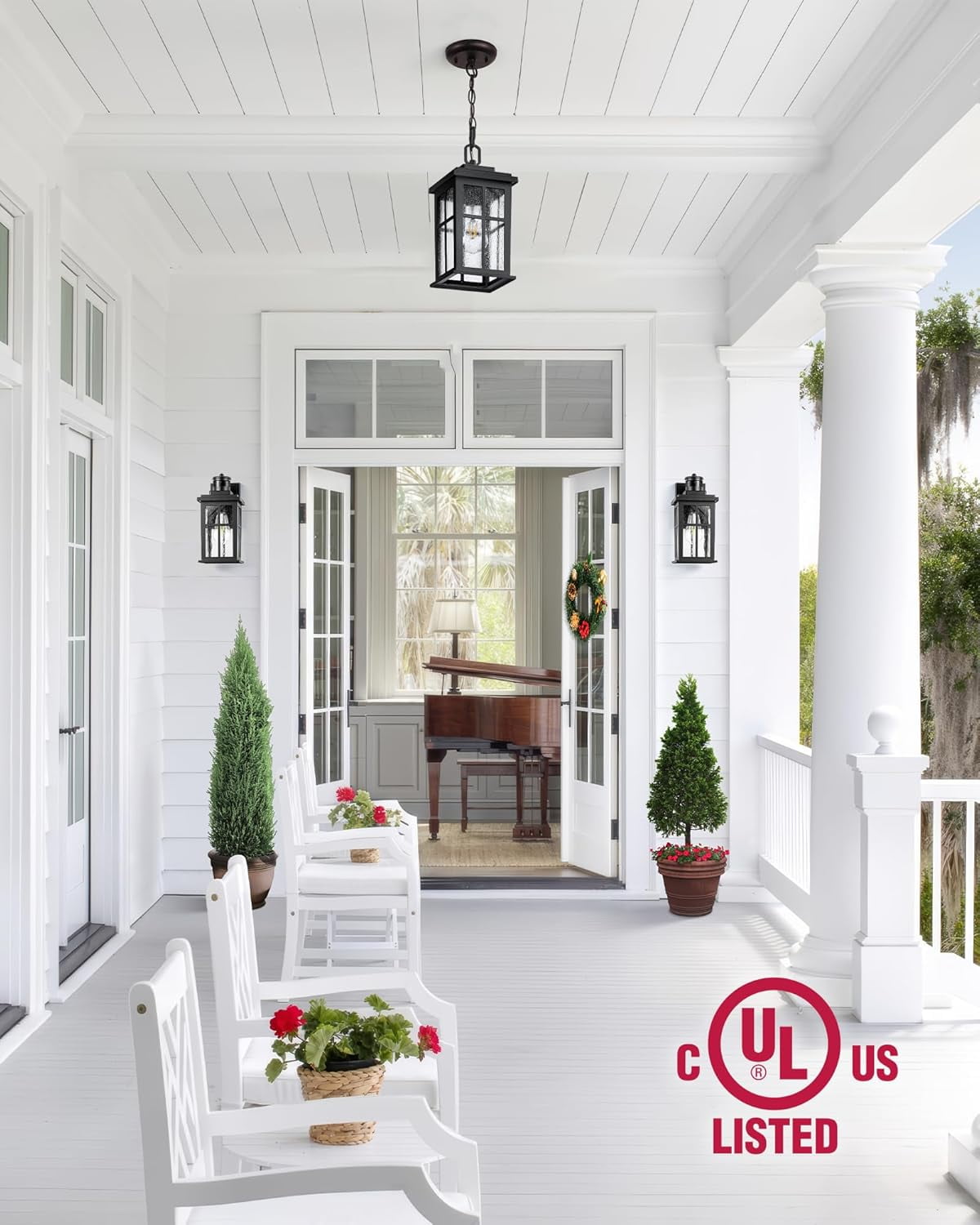 VIANIS Outdoor Pendant Lights - Matte Black Hanging Lights with Adjustable Chain, Modern Waterproof Chandelier for Front Door, Anti-Rust Exterior Ceiling Lanterns for Entryway