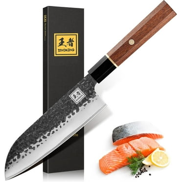ENOKING Japanese Santoku Knife 7 inch, High Carbon Steel Hand Forged Kitchen Chef Knife, Chopping Knife With Octagonal Rosewood Handle (Gift Box)