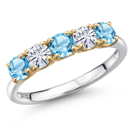 Gem Stone King 925 Silver and 10K Yellow Gold Swiss Blue Topaz and White Moissanite Wedding-Bands Ring for Women | 1.53 Cttw | Round 4MM | Gemstone November Birthstone | Size 7