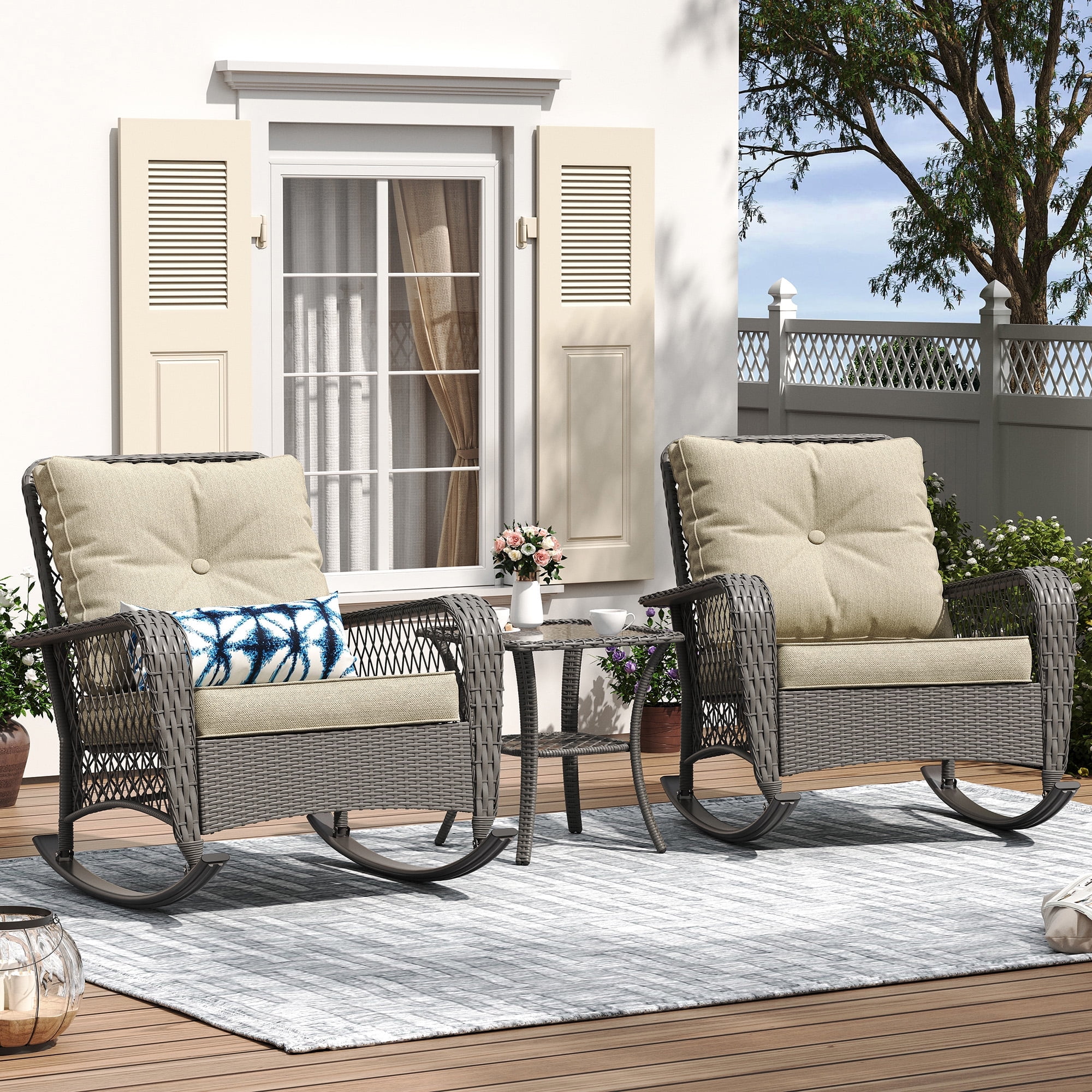 MRUAKA Outdoor Rocking Chairs Set of 3, Wicker Patio Furniture with Thickened Cushions and Table for Porch，350lbs Weight Capacity(Gray & Off-white)