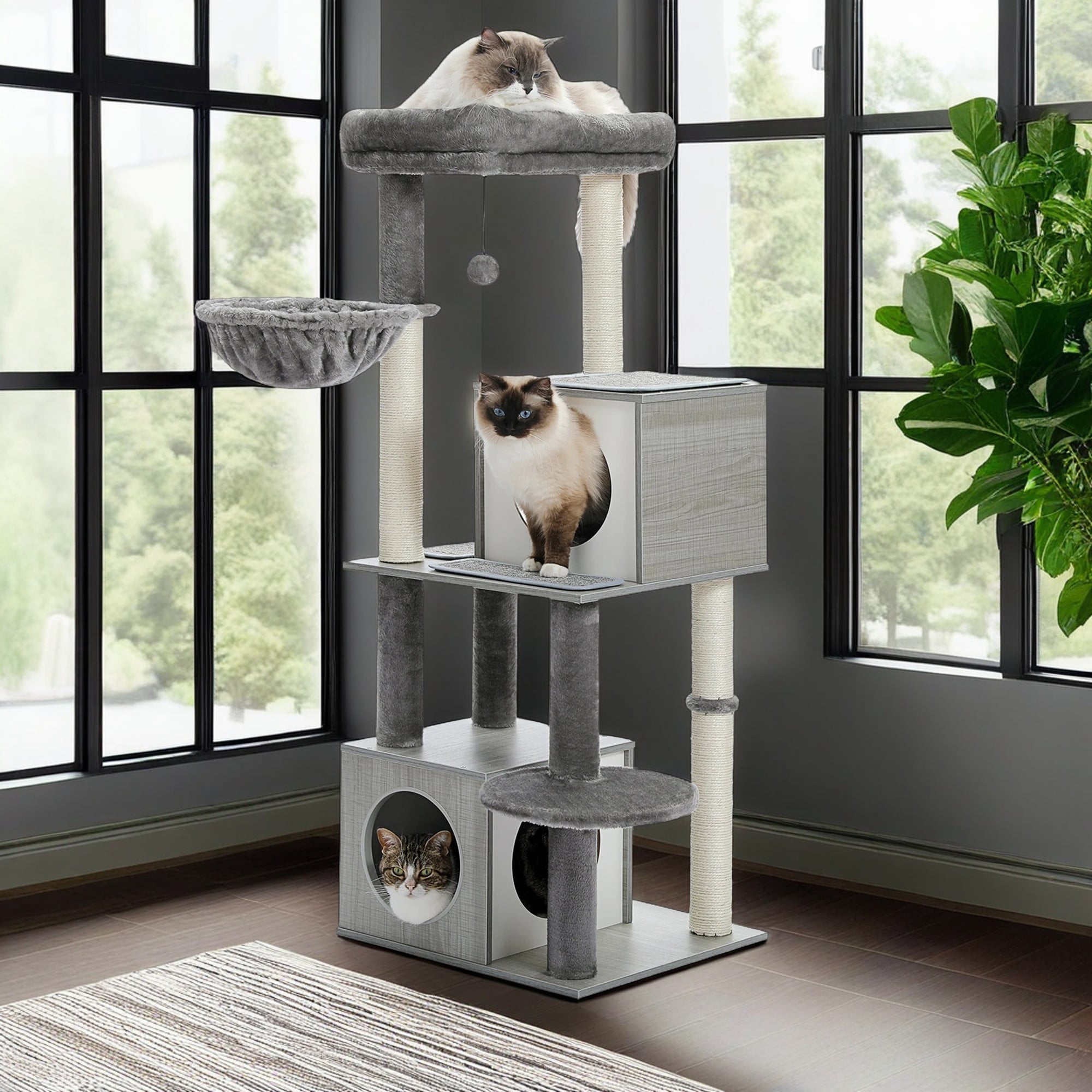 resenkos 51" Modern Cat Tree Tower for Indoor Cats, Wood Condo with Hammock, Scratching Post and Removable Pads for Small Large Cats, Gray