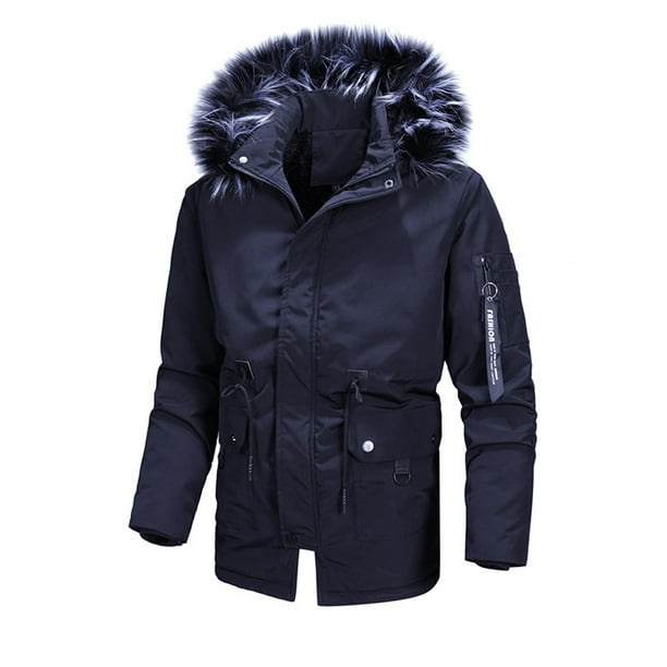 Men's Mid-length Jacket with Faux Fur Hood, Military Jacket Outdoor Hooded  Winter Coats Long Sleeve Casual Outwear