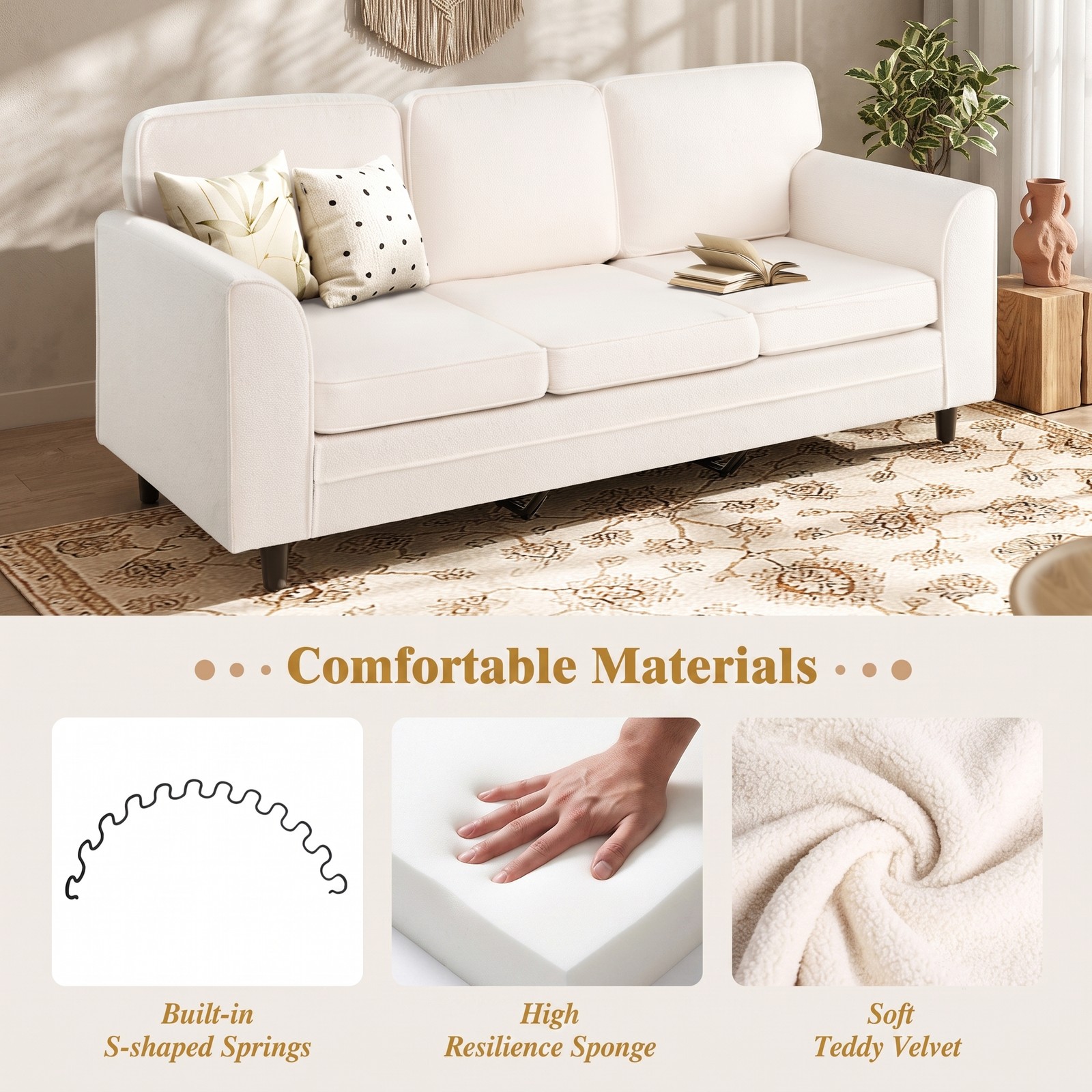 Furnibear Modern Teddy Velvet 3-Seat Sofa, Upholstered Couch with Comfy Back Pillows and S-Spring Support for Living Room Bedroom Office, 485 lbs Capacity, White