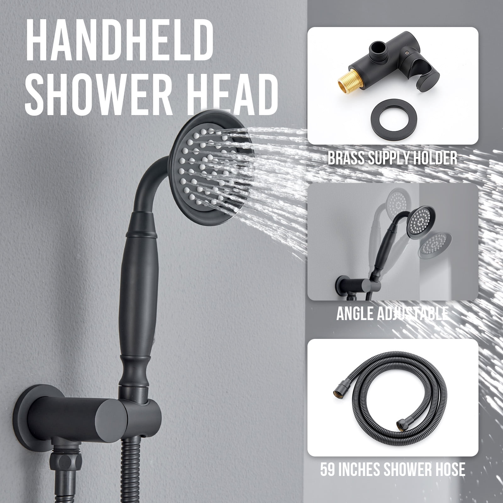 Antique Shower Faucet-Sets Fixtures: 9 inch Wall Rain Head with Handheld Spray and Body Jets, 3 Way Diverter Brass Rough in Valve System Included Trim Kit, Matte Black