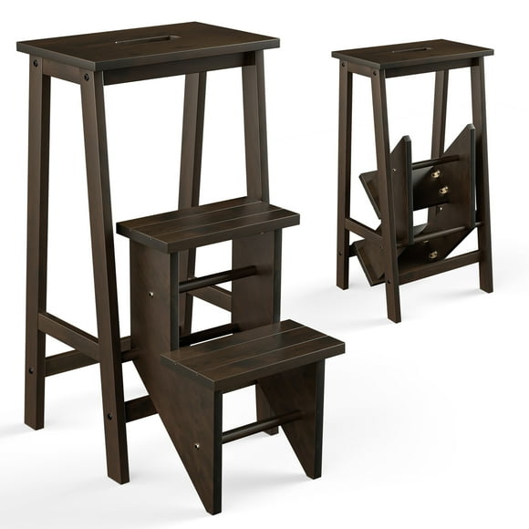 Costway 3 Tier Folding Step Stool 3-in-1 Rubber Wood Ladder Storage Shelf Brown