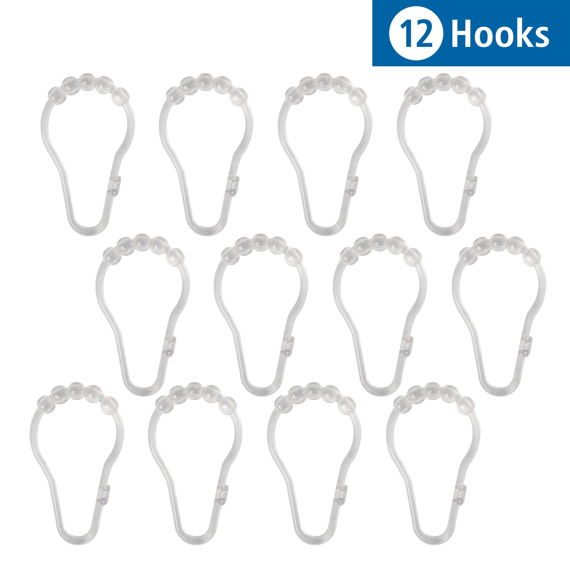Mainstays Shower Curtain Rollerball Hooks, Easy Gliding, Clear, Set of 12