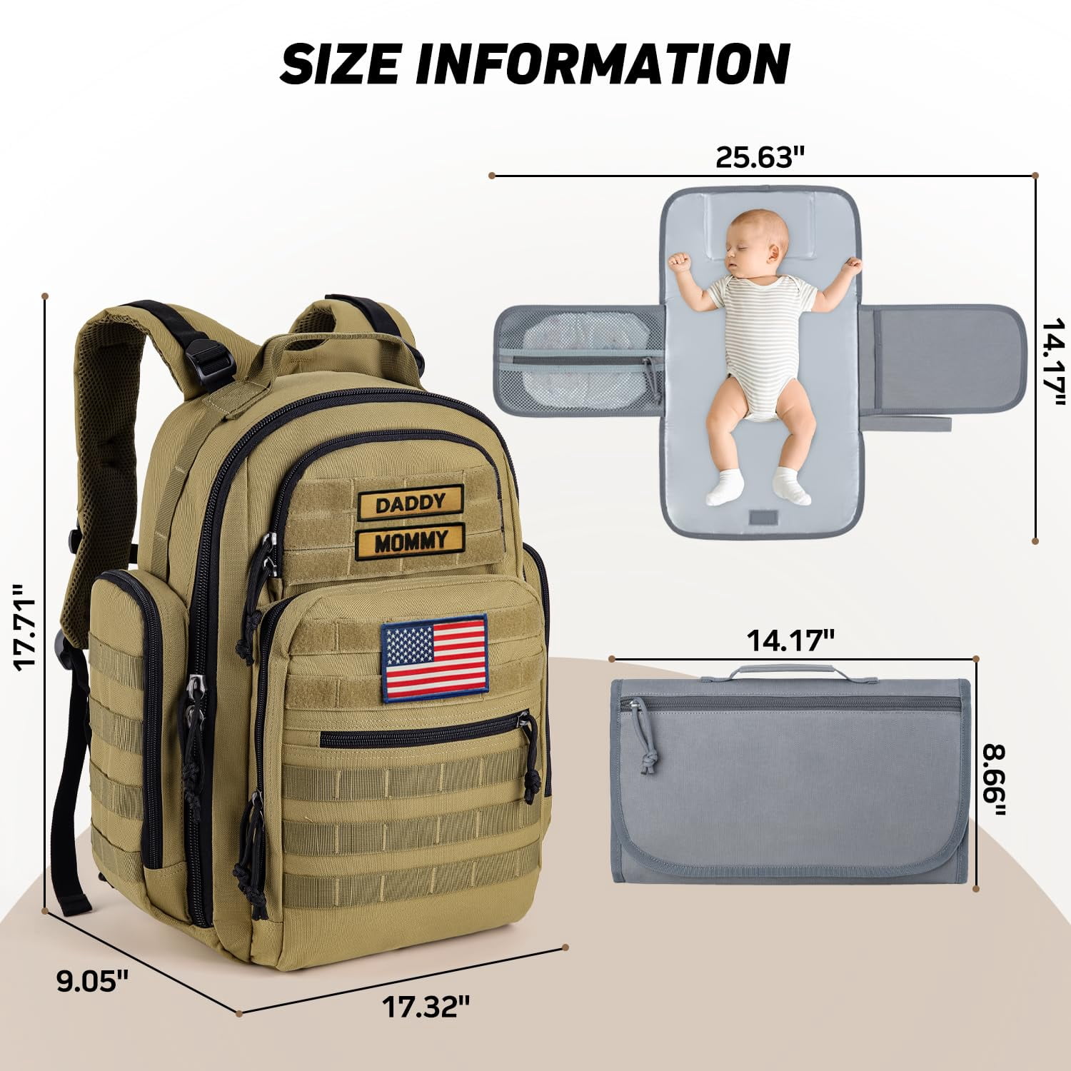 SharkMouth Baby Diaper Bag for Men - Large Military Daddy Gear Backpack with Changing Pad for Travel Camping Hiking - Army Style for Active Dad Tan