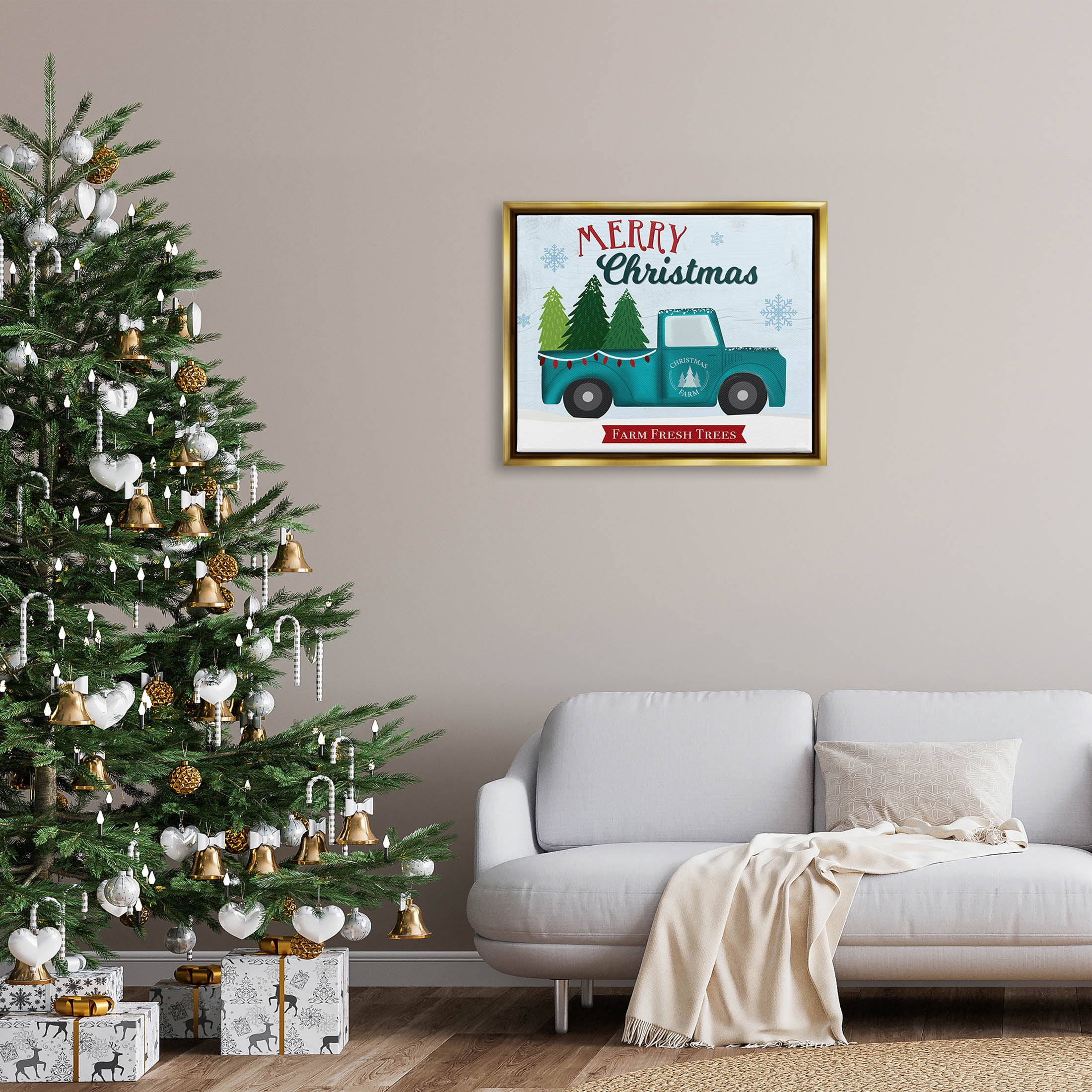 Merry Christmas Farm Fresh Trees Sign Holiday Graphic Art Metallic Gold Framed Art Print Wall Art