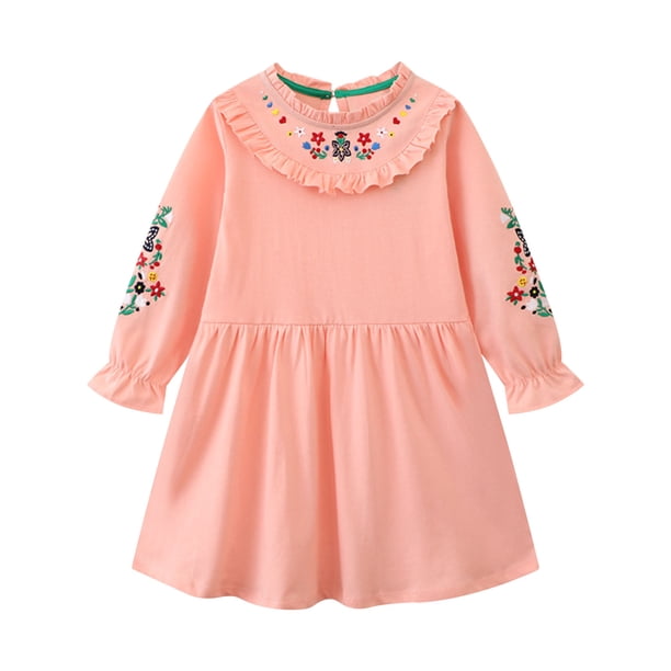 Odeerbi Niñas de Manga Larga Vestidos Bordados Florales Primavera Otoño Vestido de Algodón Niños Flor Imprimir Ruffle Dress