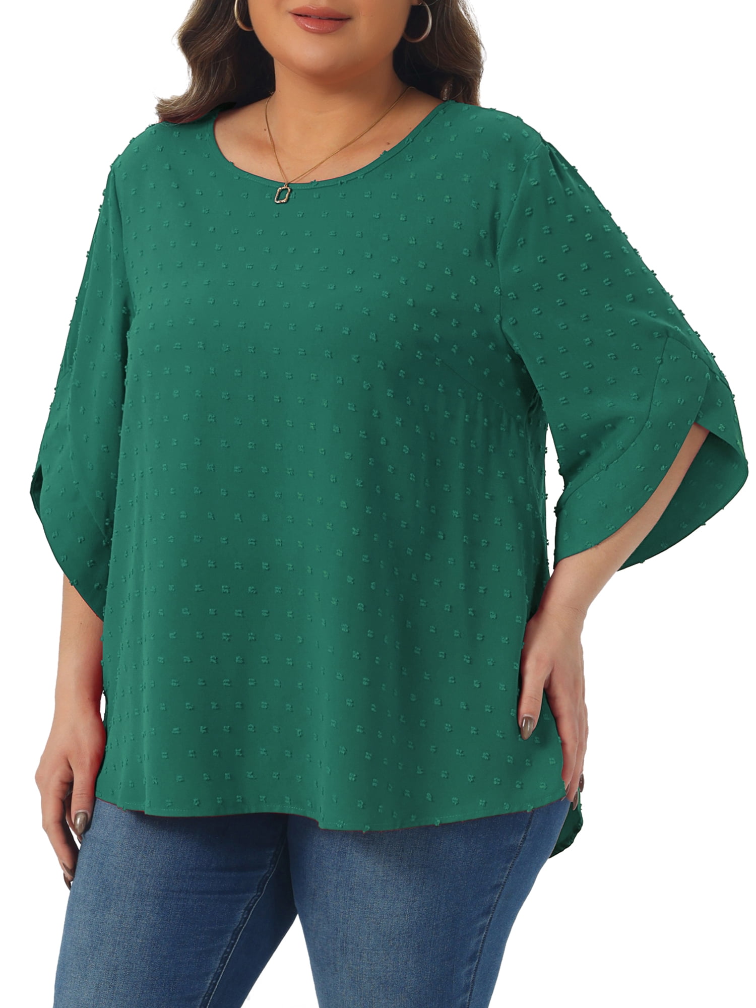 DARING DIVA Women's Plus Petal Sleeve Swiss Dots Blouse T-Shirt Tops 2X Dark Green