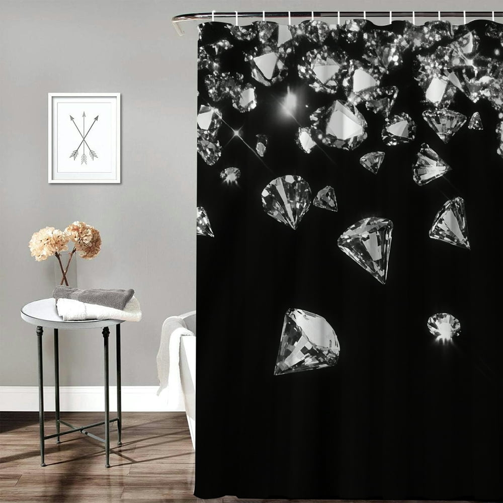 Patifu Diamonds Black White Hologram Bathroom Shower Curtain Set with Hooks 100% Polyester Fiber Washable Shower Curtain 69"x72