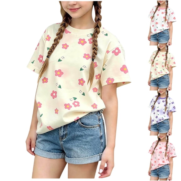 Asxite Toddler Girls Tshirt Floral Print Short Sleeve Crew Neck Casual Breathable Summer Tops 1-12Y